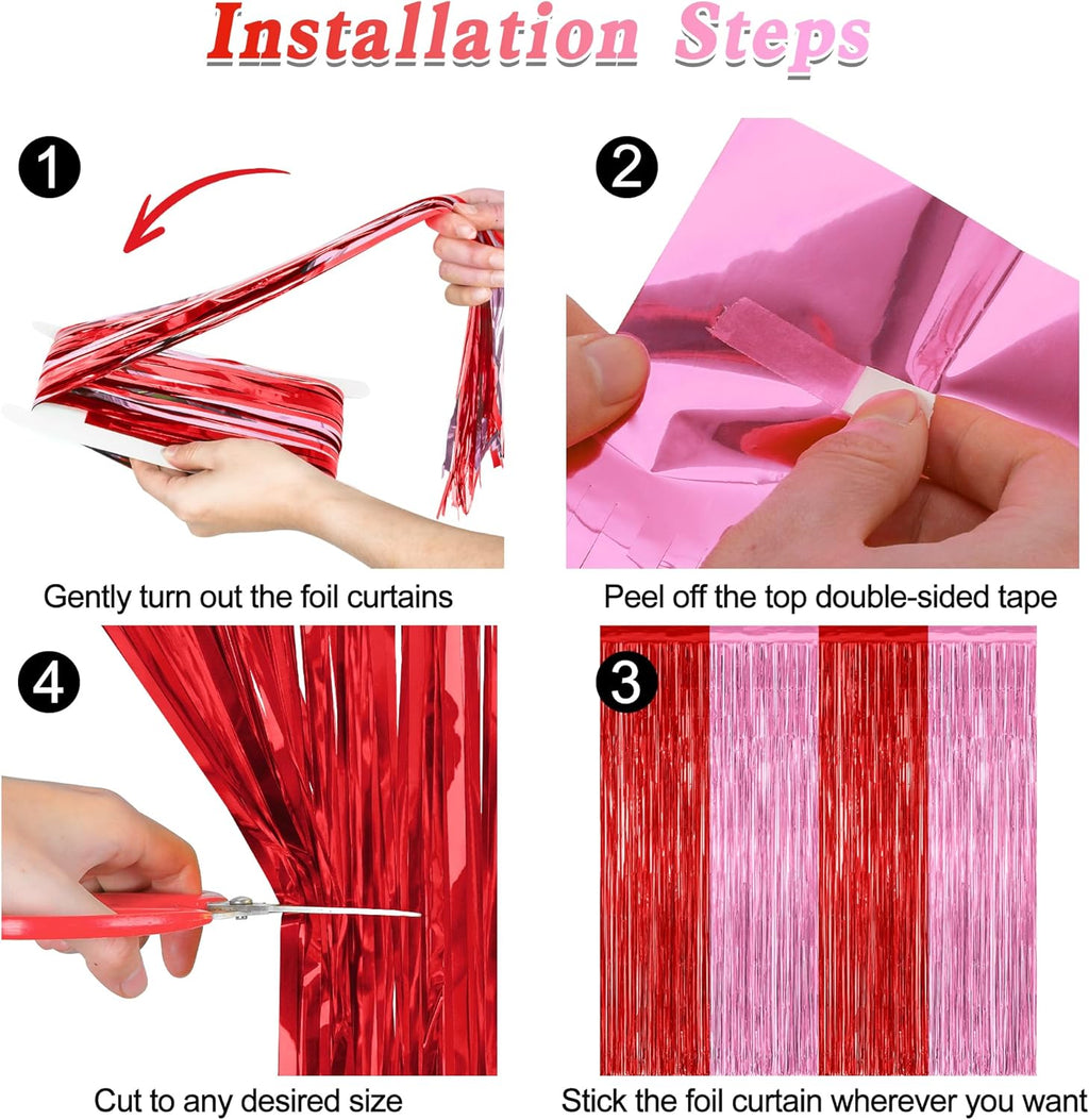 Regine Switzerland Red Pink Backdrop Curtains - 2 Pack Metallic Fringe Tinsel Decor | 3.28' x 7.05'