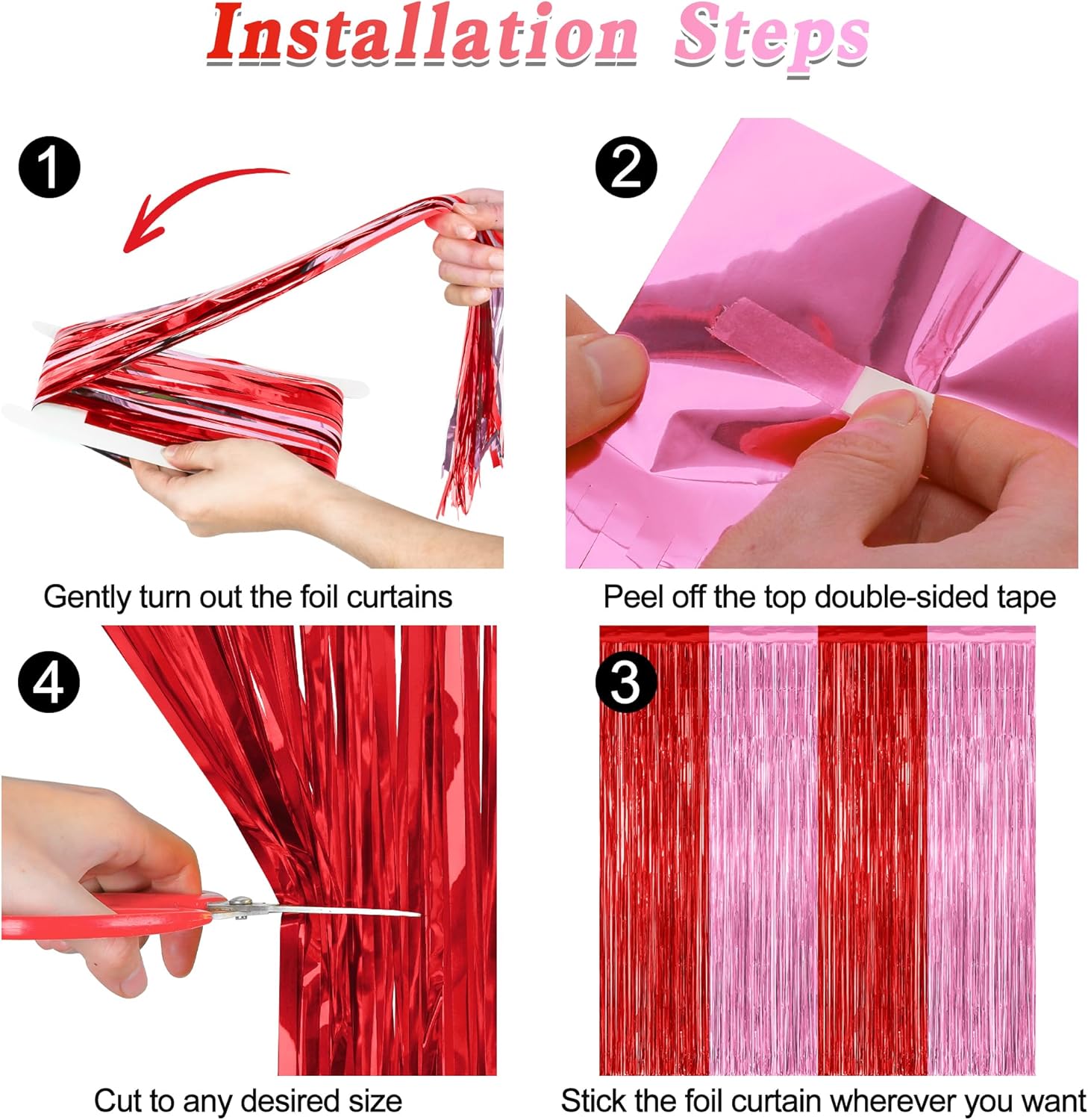 Regine Switzerland Red Pink Backdrop Curtains - 2 Pack Metallic Fringe Tinsel Decor | 3.28' x 7.05'