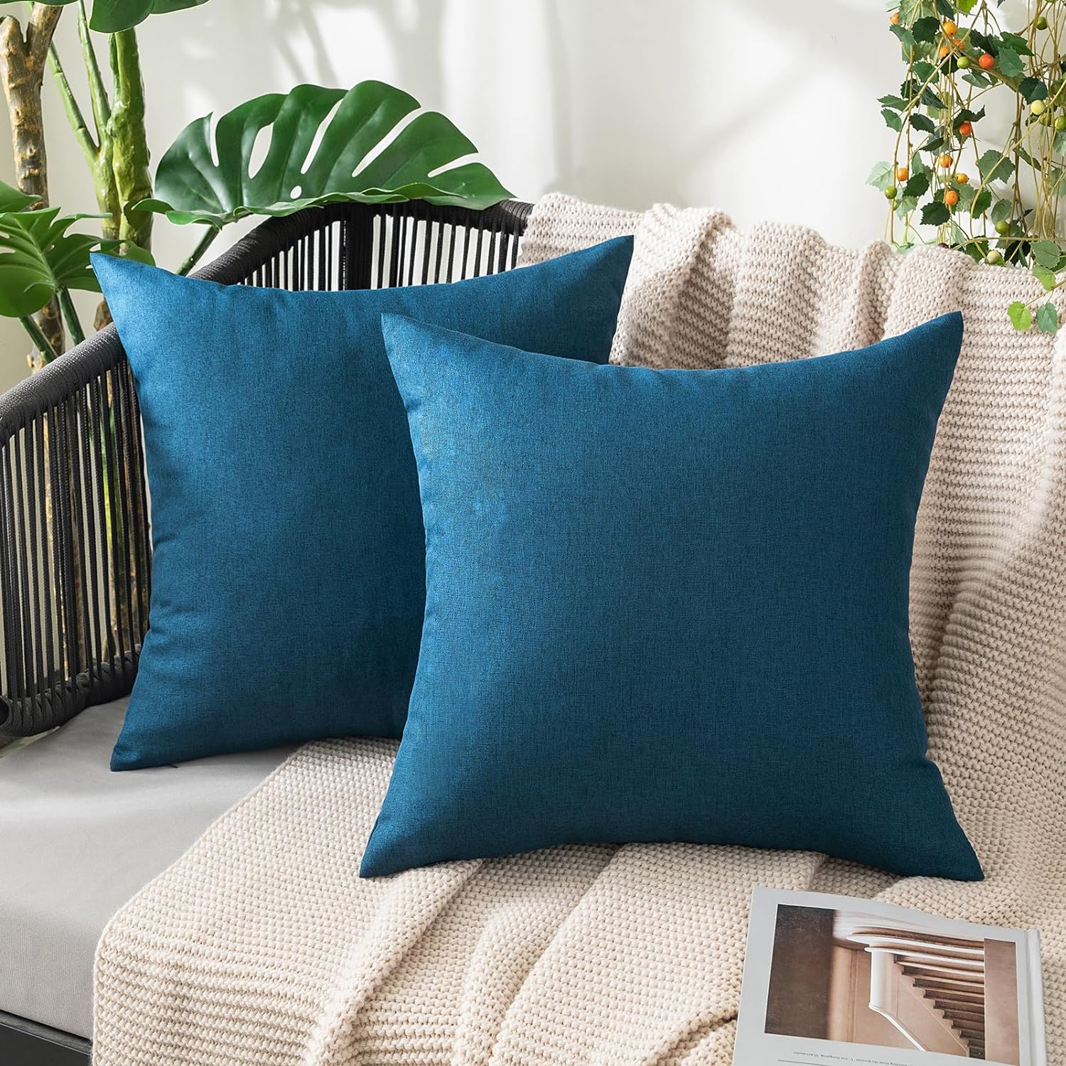 MIULEE Decorative Outdoor Throw Pillow Covers - Waterproof Faux Linen Cushion Cases | 20x20 Inch Blue (Pack of 2)