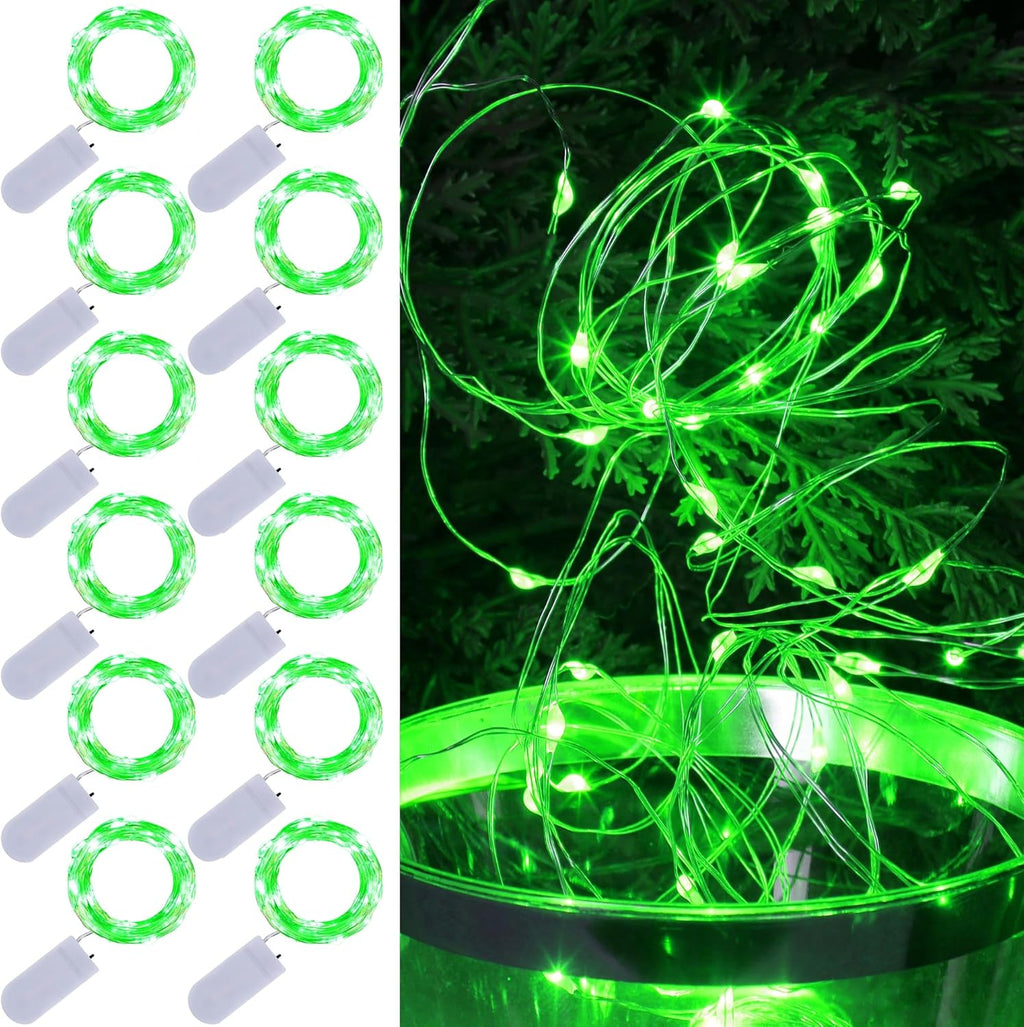 WATERGLIDE 12 Pack St. Patrick's Day Fairy Lights - 7 ft Battery Operated LED Mini String Lights | Waterproof Silver Wire for DIY Decor