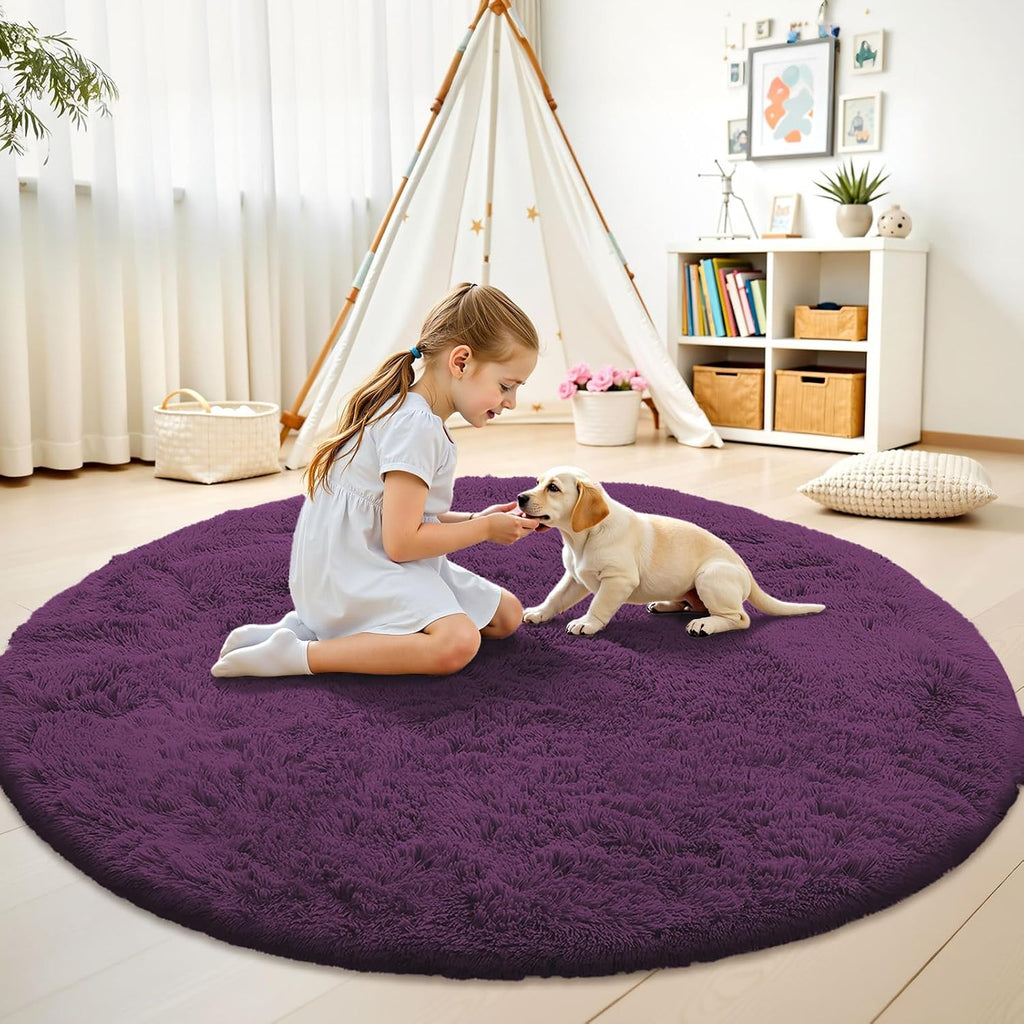 OLANLY Dark Purple Round Rug - Soft & Fluffy 8 ft Machine Washable Area Rug for Bedroom & Living Room Decor