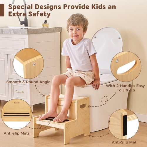 Bateso Step Stool for Kids, Wooden Toddler Step Stool with Non-Slip Mats for Bathroom Sink and Kitchen, Potty Training Stool with Handles for Toilet