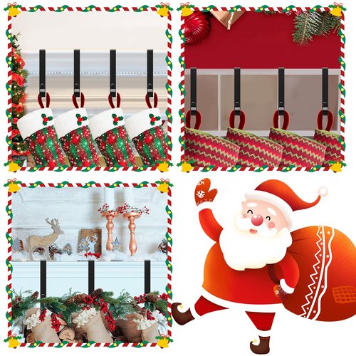 SPSHENG Christmas Stocking Holders for Mantle, Stocking Holders for Mantle Set 4, Fireplace Stocking Hangers for Tickness Mantel, Metal Hooks Garland Hanger for Christmas Party Home Decoration-Black