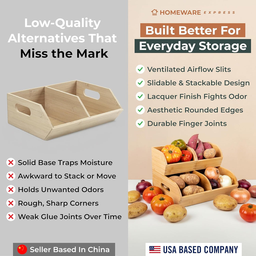 Skiennix Potato and Onion Storage Bin - Ventilated Bamboo Organizer Baskets | Stackable 3-Pack for Kitchen & Pantry