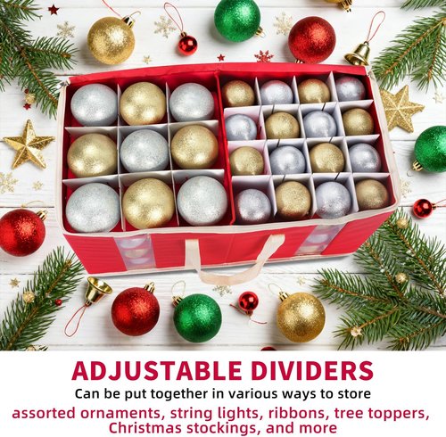 DIMESHY Large Christmas Ornament Storage Box - Adjustable Dividers & Two Handles for 128 Decorations | Red