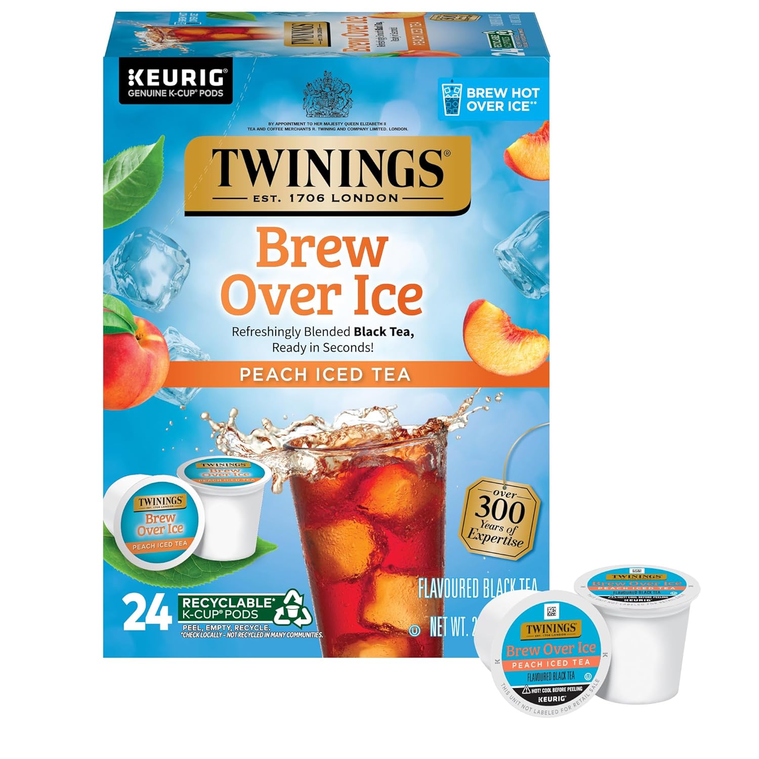 Twinings Brew Over Ice Peach Black Iced Tea K-Cup Pods - Unsweetened, Caffeinated, 24 Count