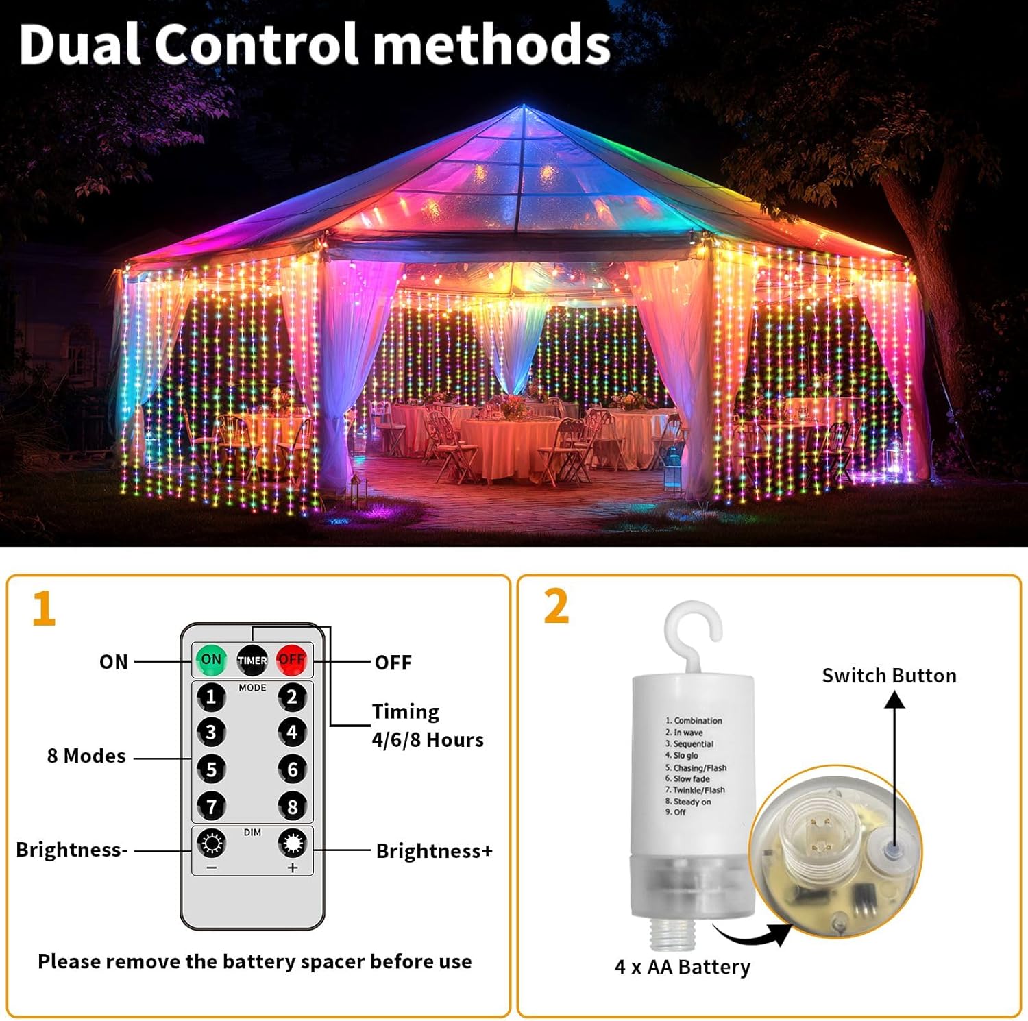 Skiennix Battery Operated Fairy Curtain Lights - 300 LED Multicolor 10ft x 10ft with Remote & Timer for Indoor/Outdoor Decor