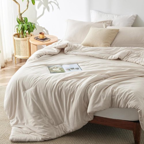 Bedsure Queen Comforter Set - Beige Soft All-Season Bedding | 3-Piece Set with 90"x90" Comforter & 2 Pillow Shams