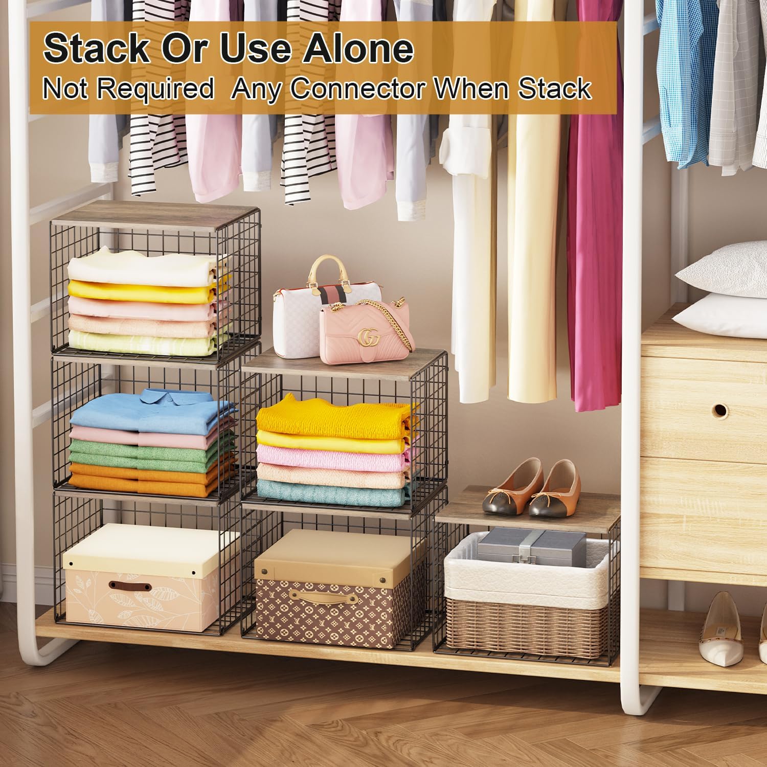 Skiennix Closet Organizers - Sturdy Stackable Storage Shelves Set of 3 for Clothes & Sweaters | Space-Saving Design