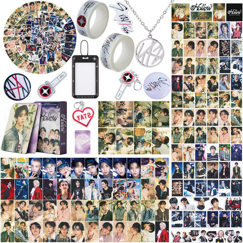 Yanmzmin Stray Merch Gifts Set, Including 55 Postcards, 96 Stickers, 2 Keychain, 2 Pins, 2 Paper Tape, 2 Fridge Magnet, ID Badge Holder, Pocket Notebook and Pendant for Skz's Stays Fans Gifts