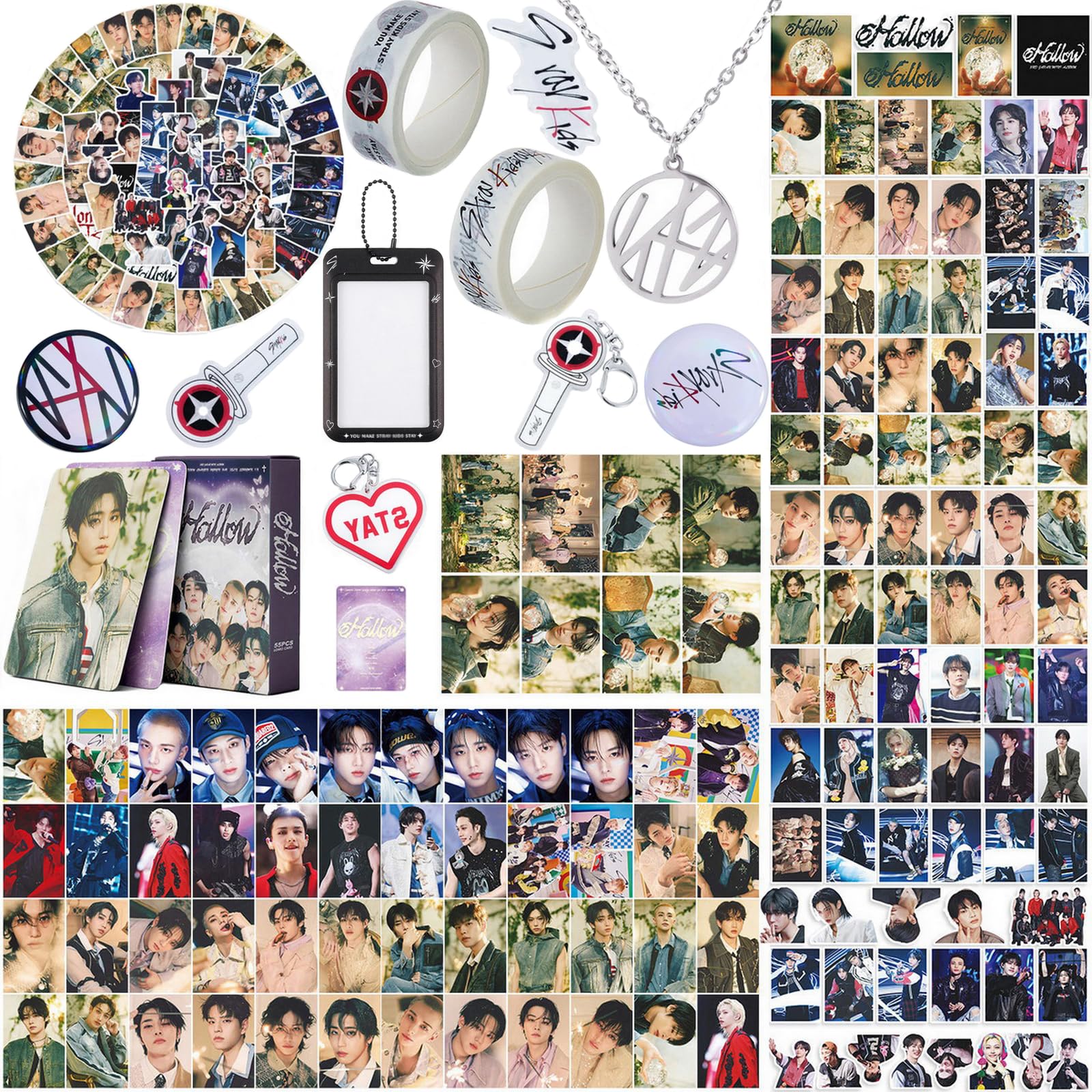 Yanmzmin Stray Merch Gifts Set, Including 55 Postcards, 96 Stickers, 2 Keychain, 2 Pins, 2 Paper Tape, 2 Fridge Magnet, ID Badge Holder, Pocket Notebook and Pendant for Skz's Stays Fans Gifts