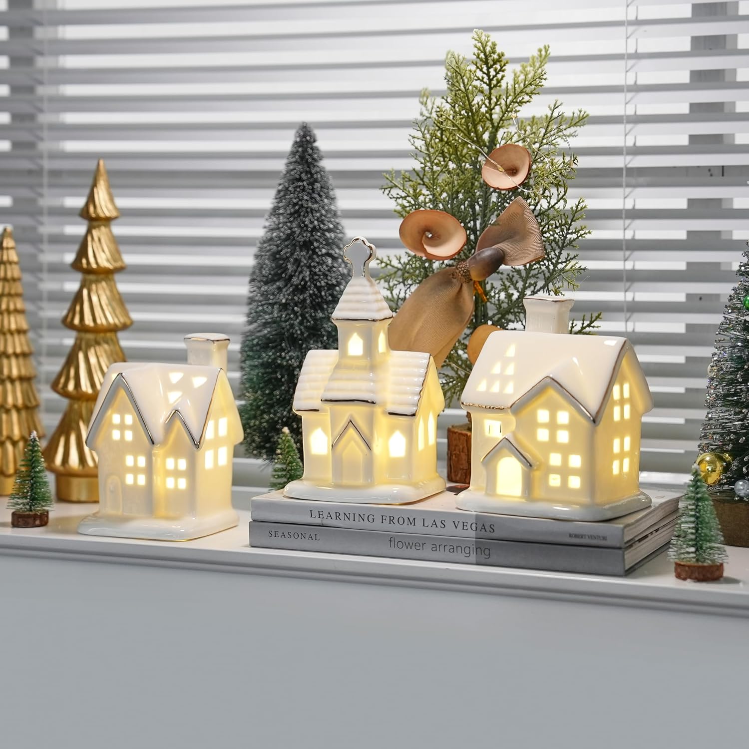 White Christmas Village Houses - 3Pcs Glazed Ceramic Houses with Trees | Light Up Xmas Decor Set