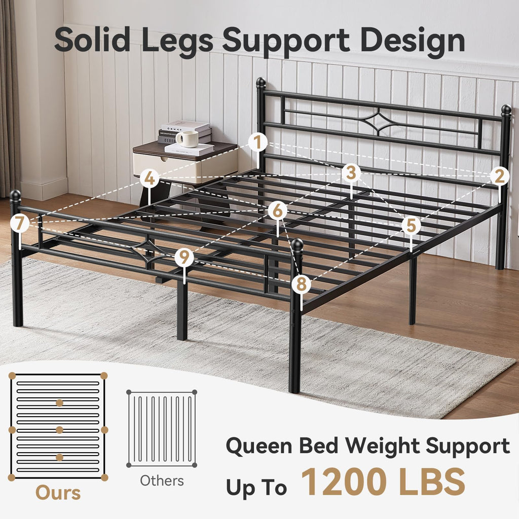 BedsPick Queen Size Metal Bed Frame with Headboard and Footboard, Platform Bed Frame with Premium Steel Slats Support/12.5'' Under Bed Storage Space/No Box Spring Needed/Noise Free/Easy Assembly/Black