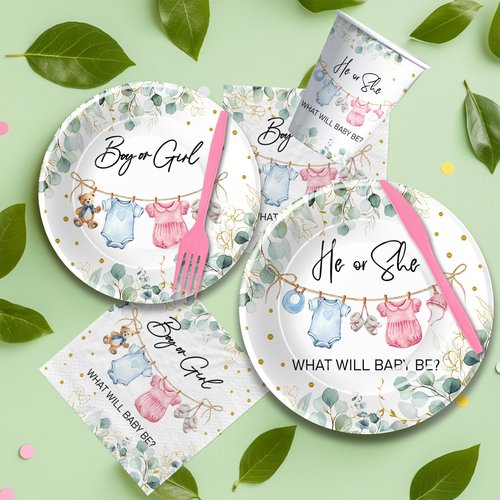 APOWBLS Gender Reveal Decorations, Greenery Baby Clothes Theme Boy or Girl Gender Reveal Baby Shower Party Supplies, He or She Paper Plates and Napkins Set, Cups, Disposable Cutlery, Serves 24