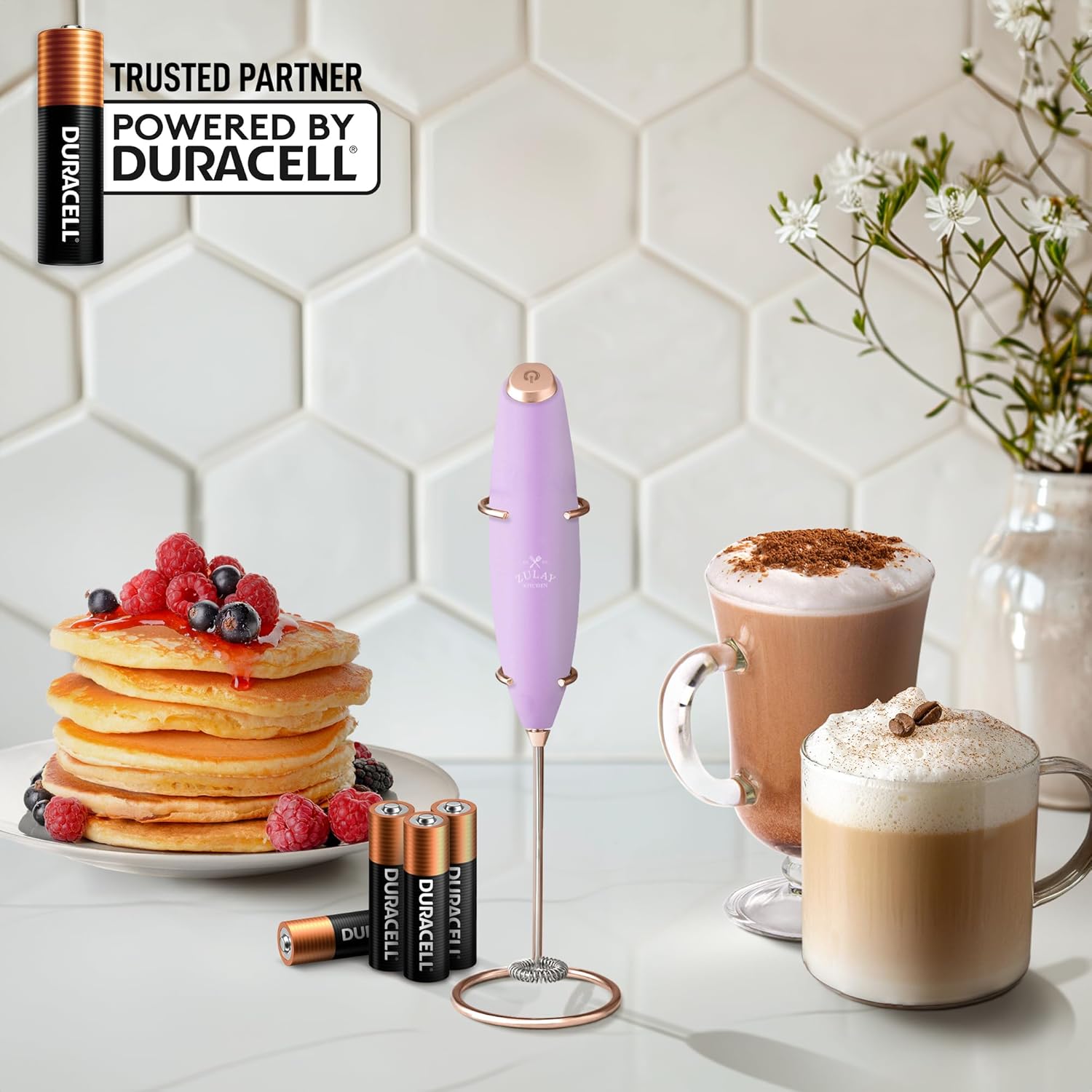 Zulay Kitchen Milk Frother Wand - Ultra-Fast Handheld Electric Whisk for Coffee & Lattes - Lilac & Rose Gold