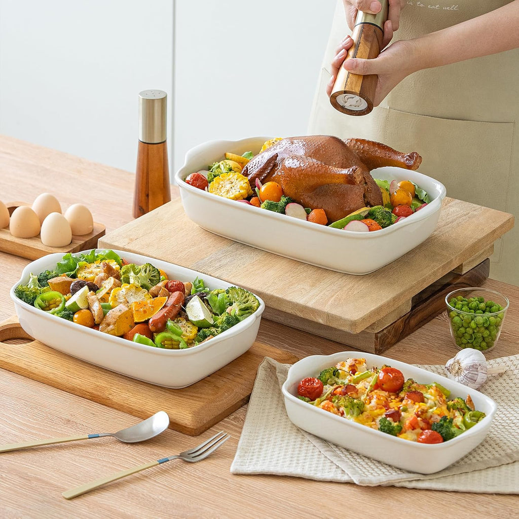 Skiennix 3-Pack Ceramic Baking Dishes Set - Heavy-Duty Oven-Safe Stoneware for Lasagna & Baking | High Heat Resistant, Handcrafted Glazed Finish (13.8''/12''/9.6'' Pure Off-White)