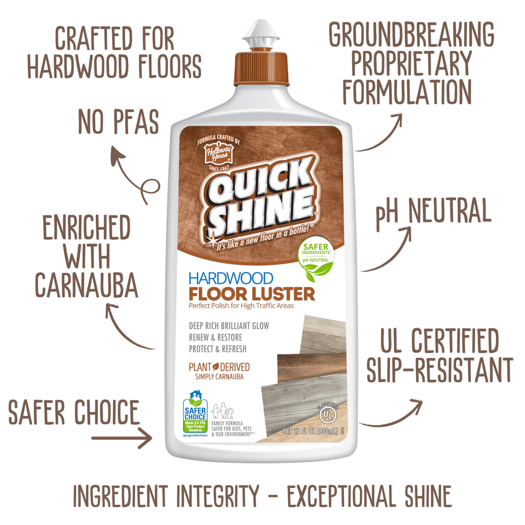 Quick Shine Hardwood Floor Cleaner & Wood Floor Polish w/Plant-Derived Carnauba 2-27oz Bottles, Removes Scratches, Safer Choice, A Clean That Can Be Seen
