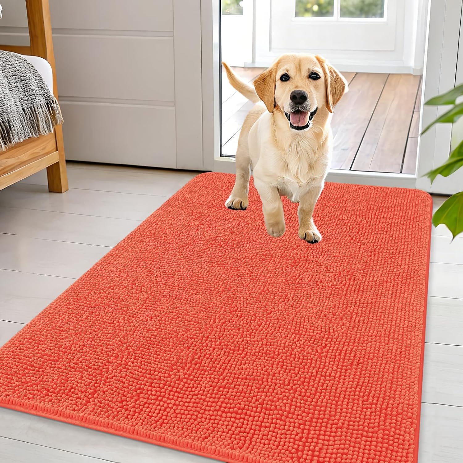 OLANLY Dog Door Mat - Absorbent Non-Slip Chenille for Muddy Paws | 44x32 Coral Indoor Doormat
