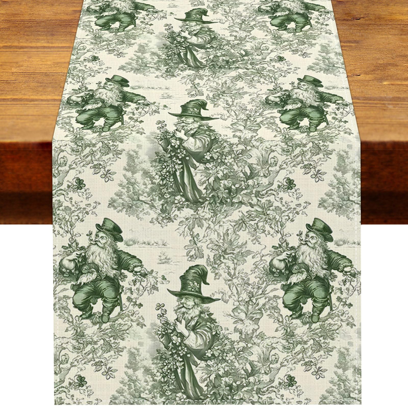 Heyfary Chinoiserie St. Patrick's Day Table Runner Toile de Jouy Irish Theme March Party Decoration Vintage Sage Green Floral Home Kitchen Dining Room Table Decor