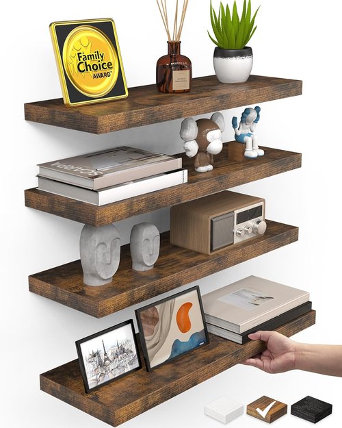 BAYKA Floating Shelves - Rustic Wood Wall-Mounted Storage | 15.7in, Set of 4, 22lbs Capacity (Brown)