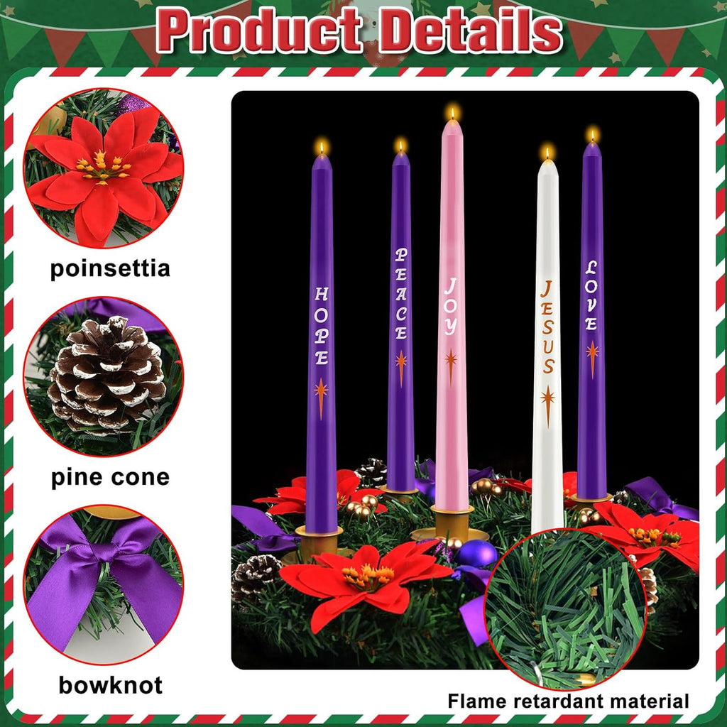 Skiennix 12-Inch Christmas Advent Wreath - 5 Candle Holder Set with Fire Retardant Metal Cups
