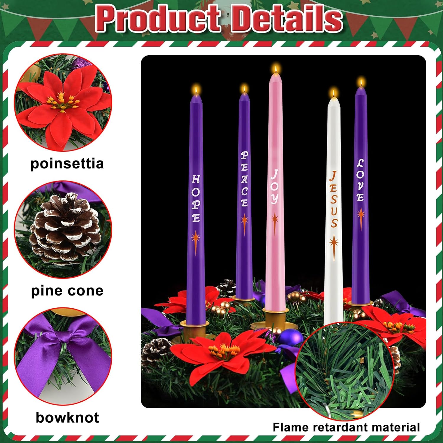 Skiennix 12-Inch Christmas Advent Wreath - 5 Candle Holder Set with Fire Retardant Metal Cups