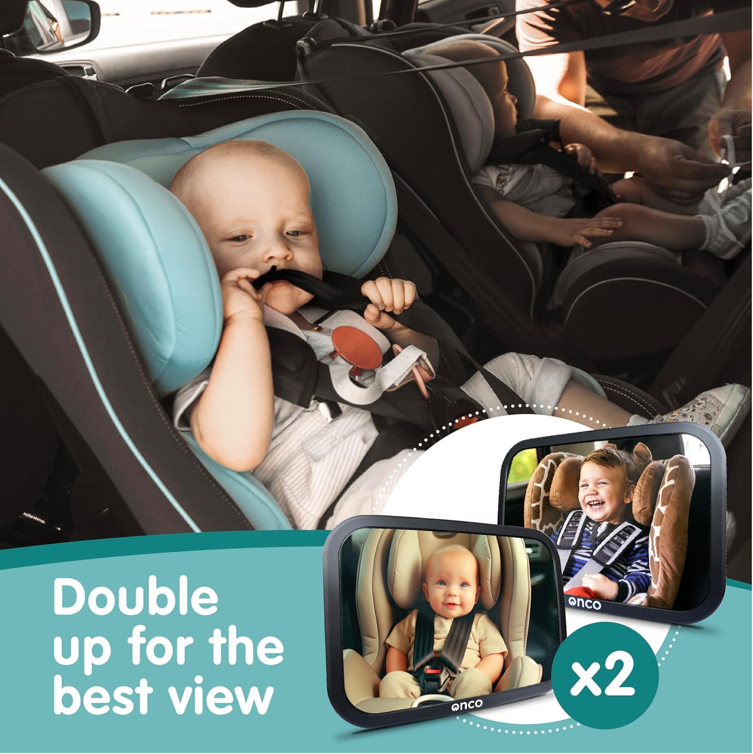 Onco Baby Car Mirror - 100% Shatterproof & Shakeproof Rear Facing Mirror with 360° Rotation | 2 Pack (9.6 x 6.9 in)