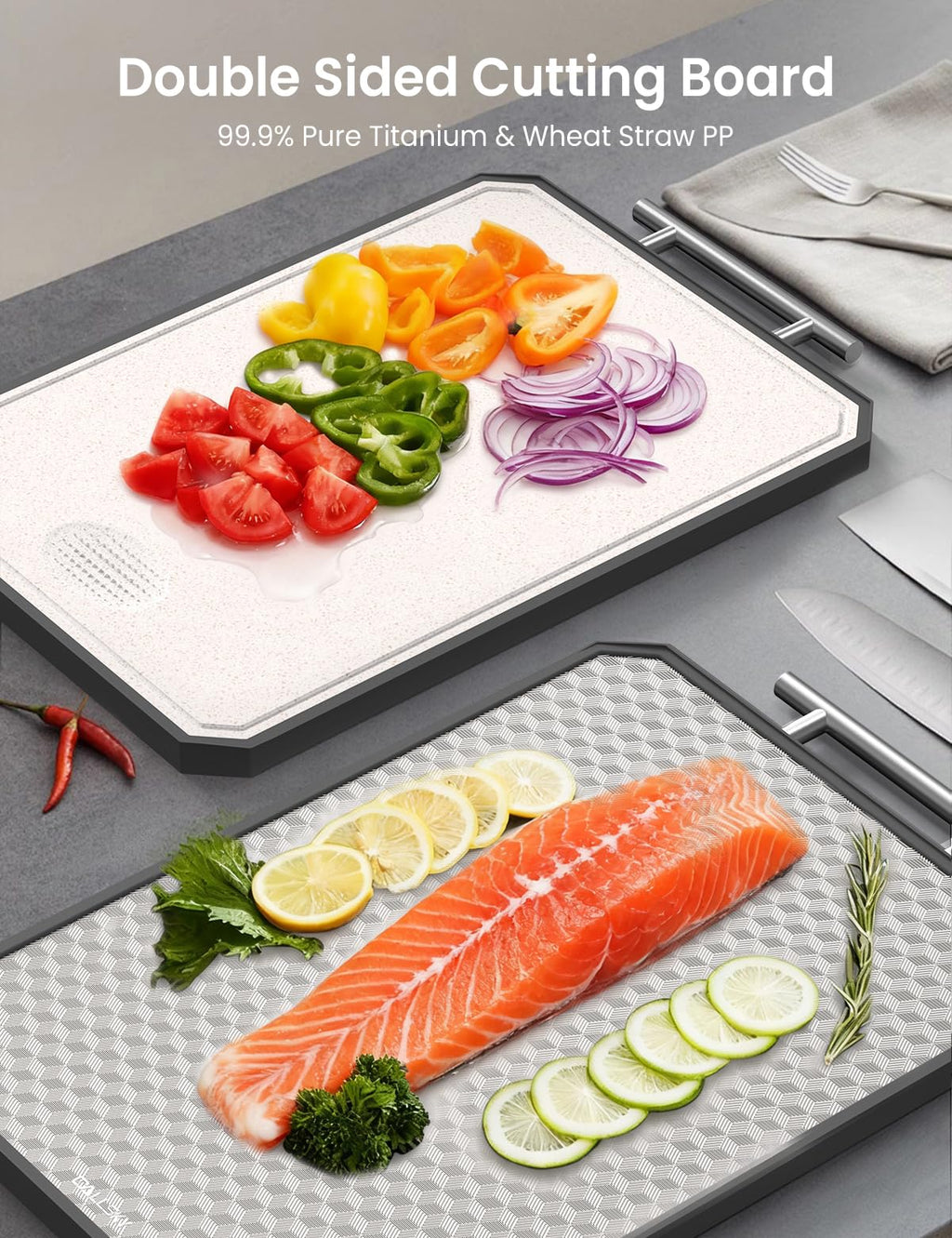 Callsky Cutting Board for Kitchen, Non Toxic Titanium Cutting Board, Double-Sided Metal Chopping Board with Juice Groove, Cutting Boards for Meat, Vegetables and Fruits, Dishwasher Safe Large 16”×11”