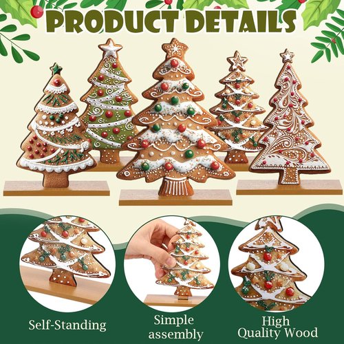 Chunful Gingerbread Christmas Table Decorations - 5 Pcs Wooden Centerpiece for Holiday Home Decor