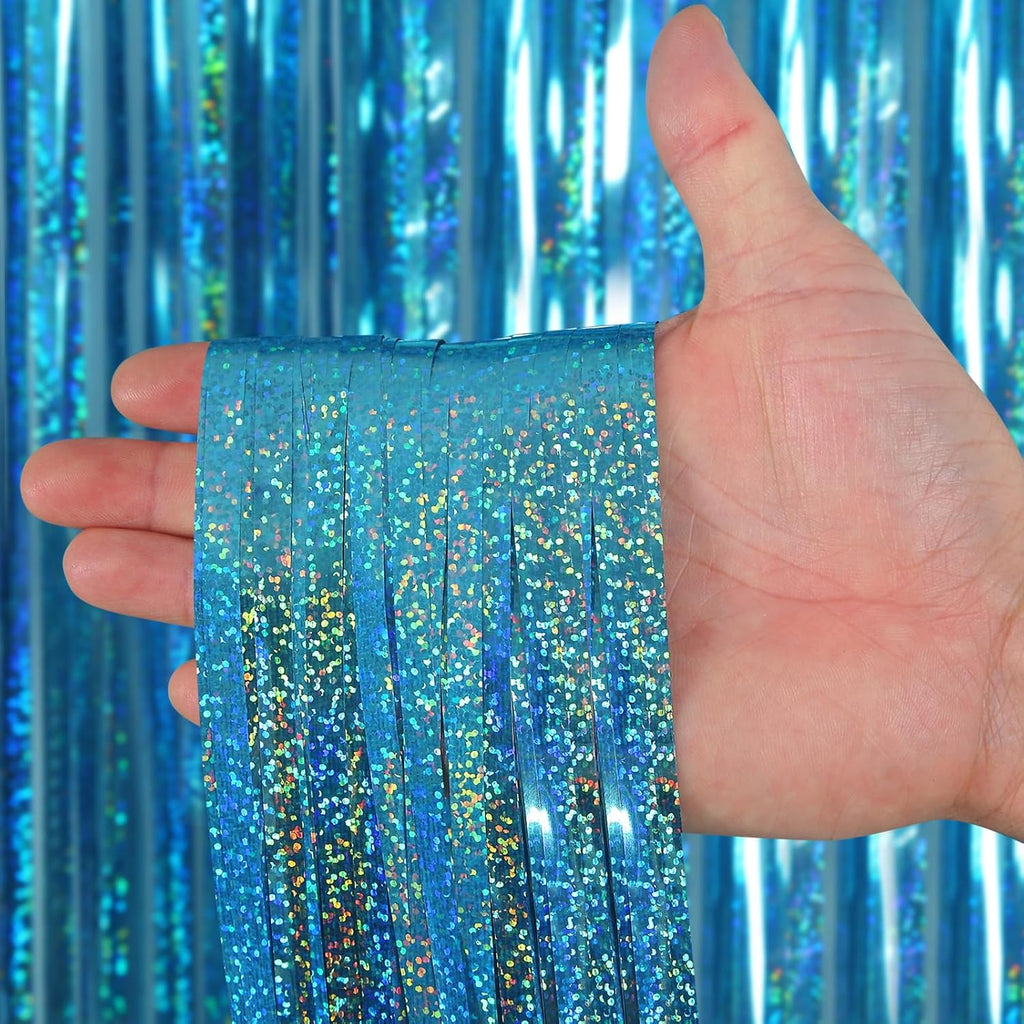 Picoway Blue Laser Foil Fringe Tinsel Backdrop Curtains - 4 Pack Ocean Themed Party Decor | Perfect for Birthdays, Engagements, and Showers