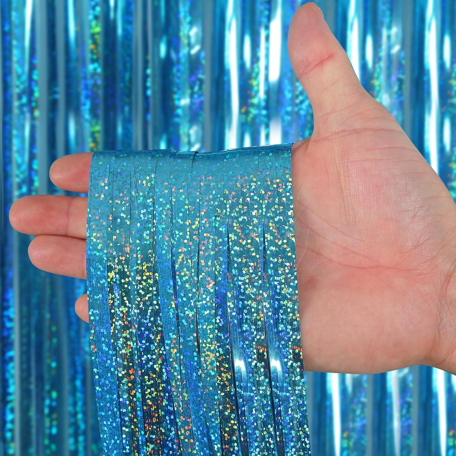 Picoway Blue Laser Foil Fringe Tinsel Backdrop Curtains - 4 Pack Ocean Themed Party Decor | Perfect for Birthdays, Engagements, and Showers