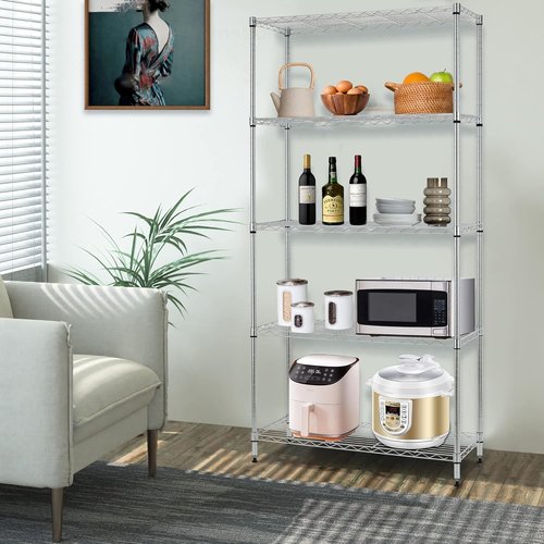 BestOffice 5-Tier Wire Storage Shelves with Wheels - Heavy-Duty Metal, Adjustable Racks | Chrome, 14x30x60 | Holds Up to 220 lbs, No-Tool Assembly for Home & Garage