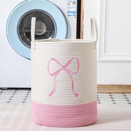 Honeydak Pink Laundry Basket - Coquette Cotton Rope Hamper for Girls | 15 x 17.7 Inches Storage Solution for Toys & Clothes