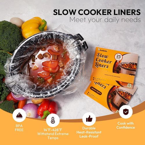 Katbite Crock Pot Liners - Heavy Duty Disposable Slow Cooker Bags | 13" X 21" for 3-8.5 Quart Pots, 25 Count