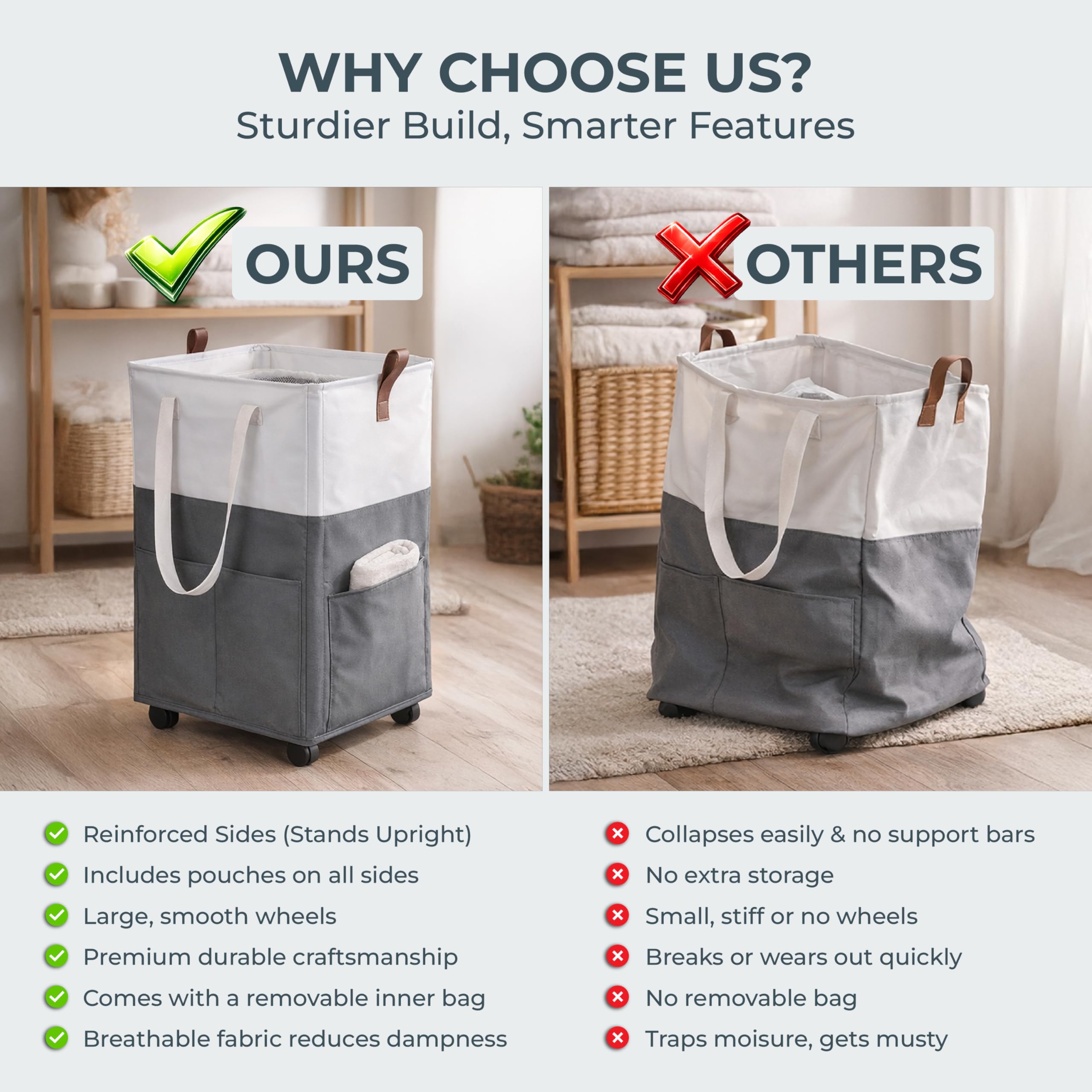 Laundry Basket with Wheels – Foldable, Space-Saving, Fabric Slim Laundry Hamper with Removable Bag and Side Pouches – Lightweight 75L Washing Basket for Clothes, Bedroom, Bathroom, Dorm