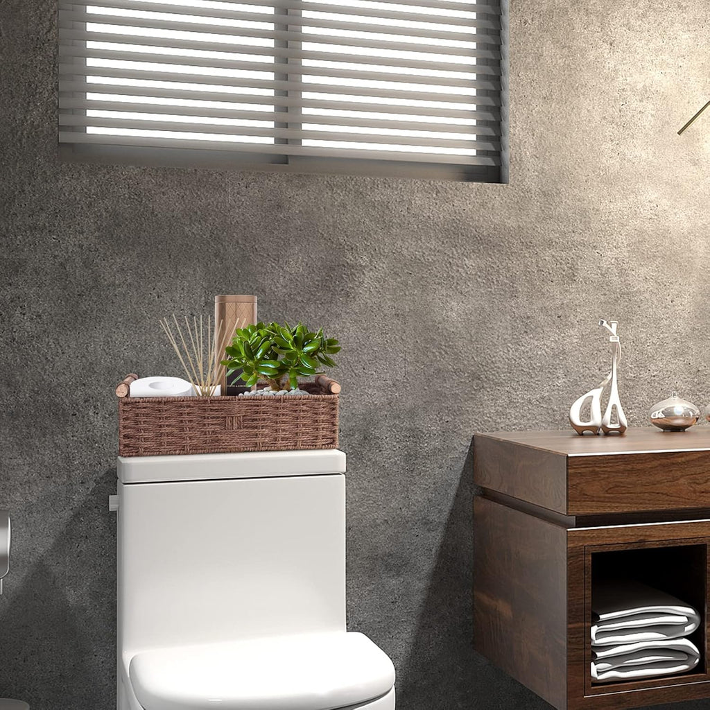 Round Paper Rope Storage Basket by [Brand Name] - Stylish Wicker Organizer with Handle | Brown Small Set for Countertop & Toilet Paper