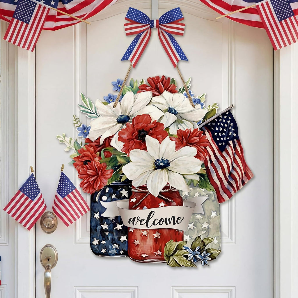 Spiareal Patriotic Wooden Door Decoration - 4th of July Welcome Sign in Red, White & Blue