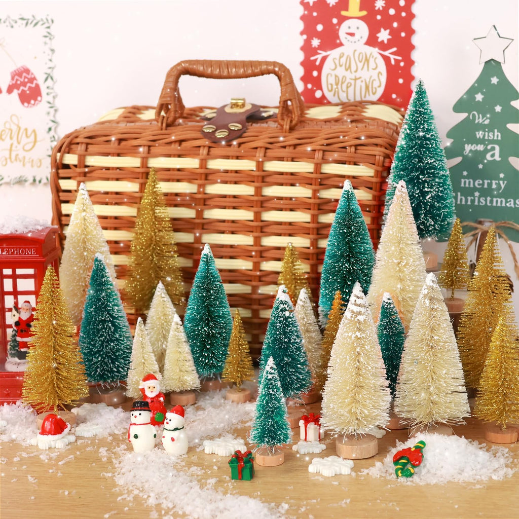 Skiennix Mini Christmas Trees - 30 Pcs Artificial Bottle Brush Trees with Wooden Base | 5 Sizes for Holiday Decor