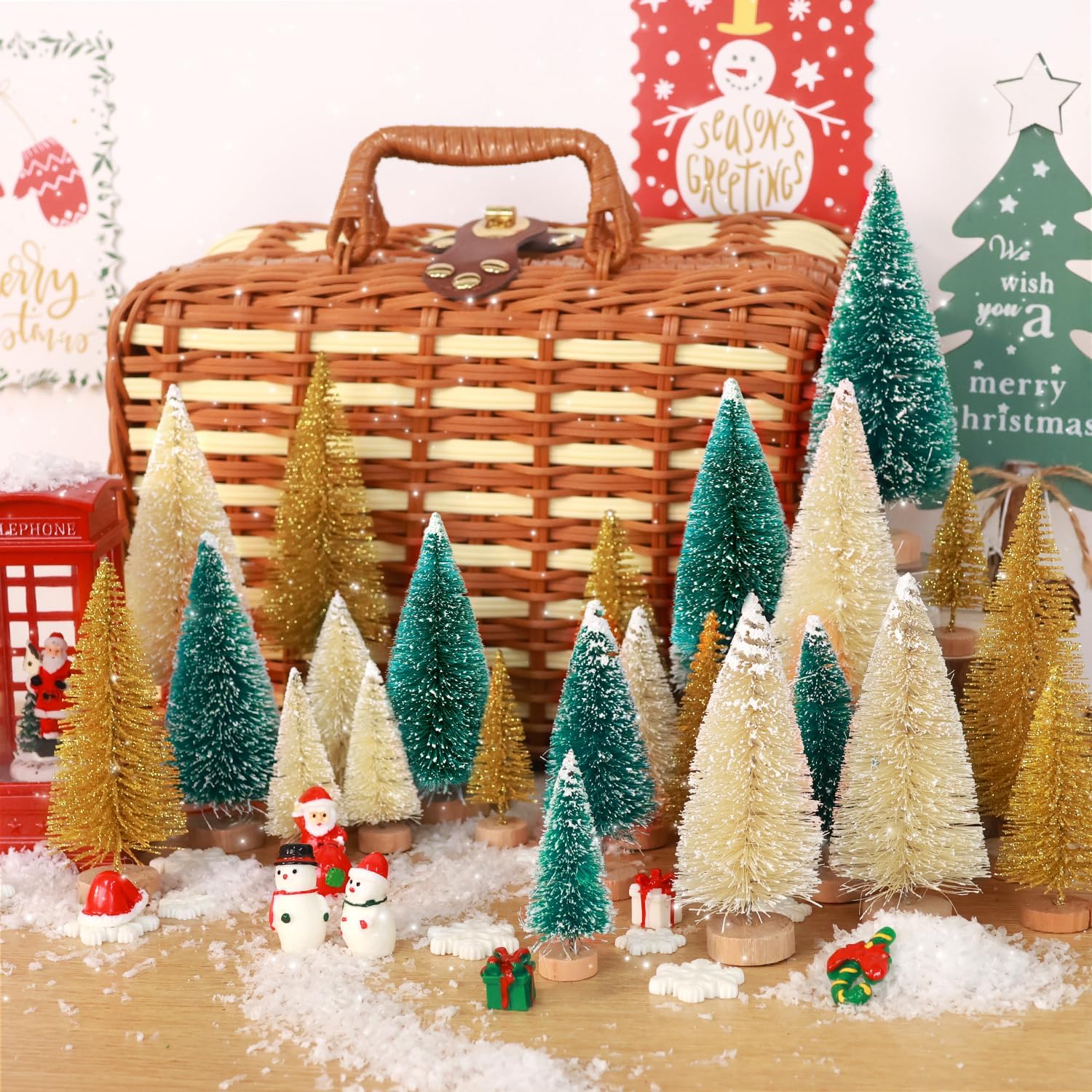 Skiennix Mini Christmas Trees - 30 Pcs Artificial Bottle Brush Trees with Wooden Base | 5 Sizes for Holiday Decor