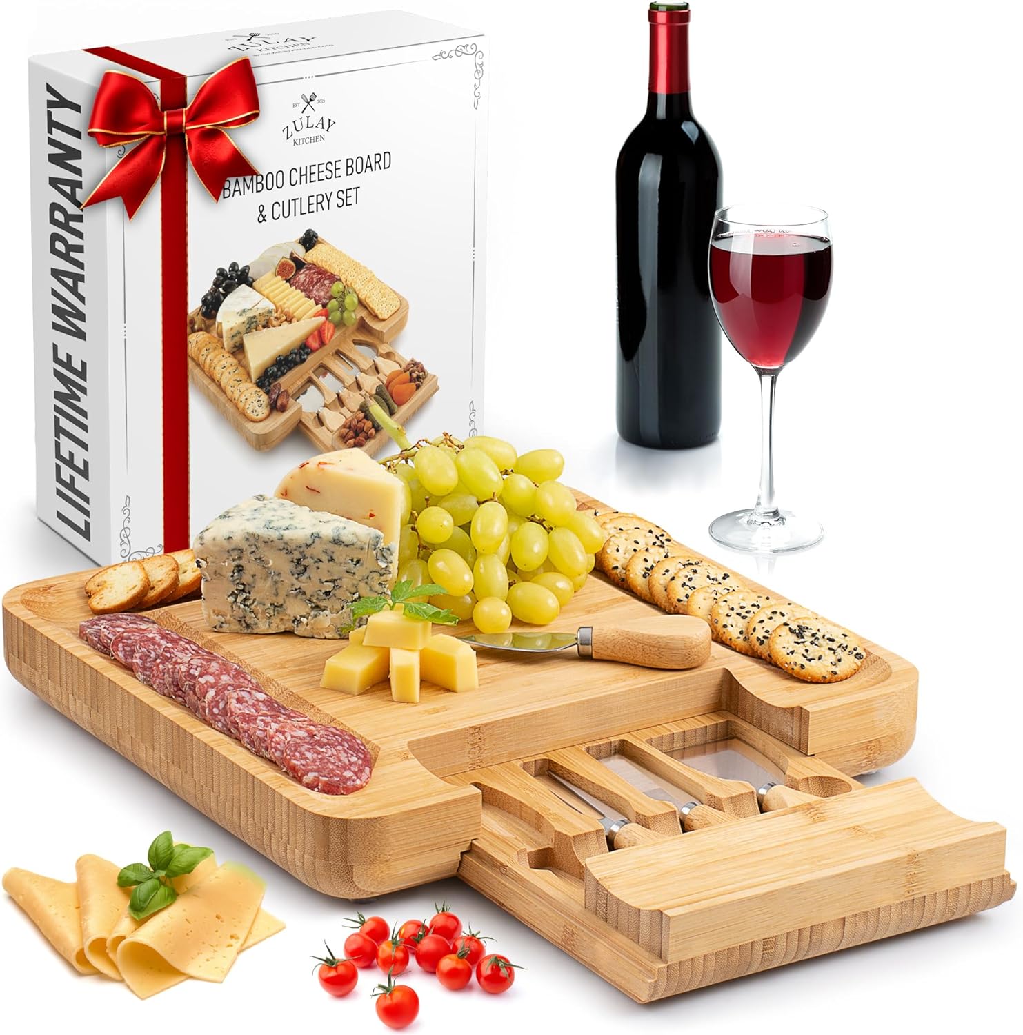 Zulay Kitchen Bamboo Cheese Board Set - Extra Thick Charcuterie Board with 4 Knives | Ideal for Wine & Cheese Gifts