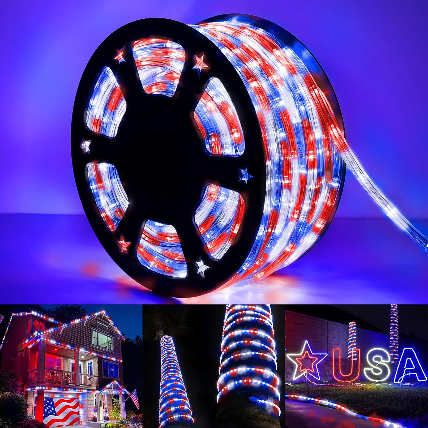 Skiennix 100ft LED Rope Lights - Waterproof, Connectable & Flexible Tube Lighting | 8 Modes, Red, White & Blue