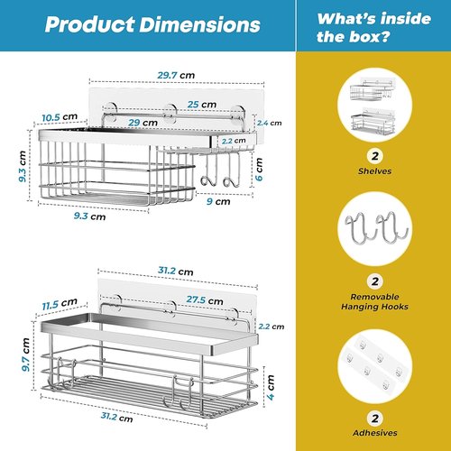 KESOL Shower Caddy - Rustproof SUS304 Stainless Steel Organizer with Hooks | Wall-Mounted, 2-Pack, Silver