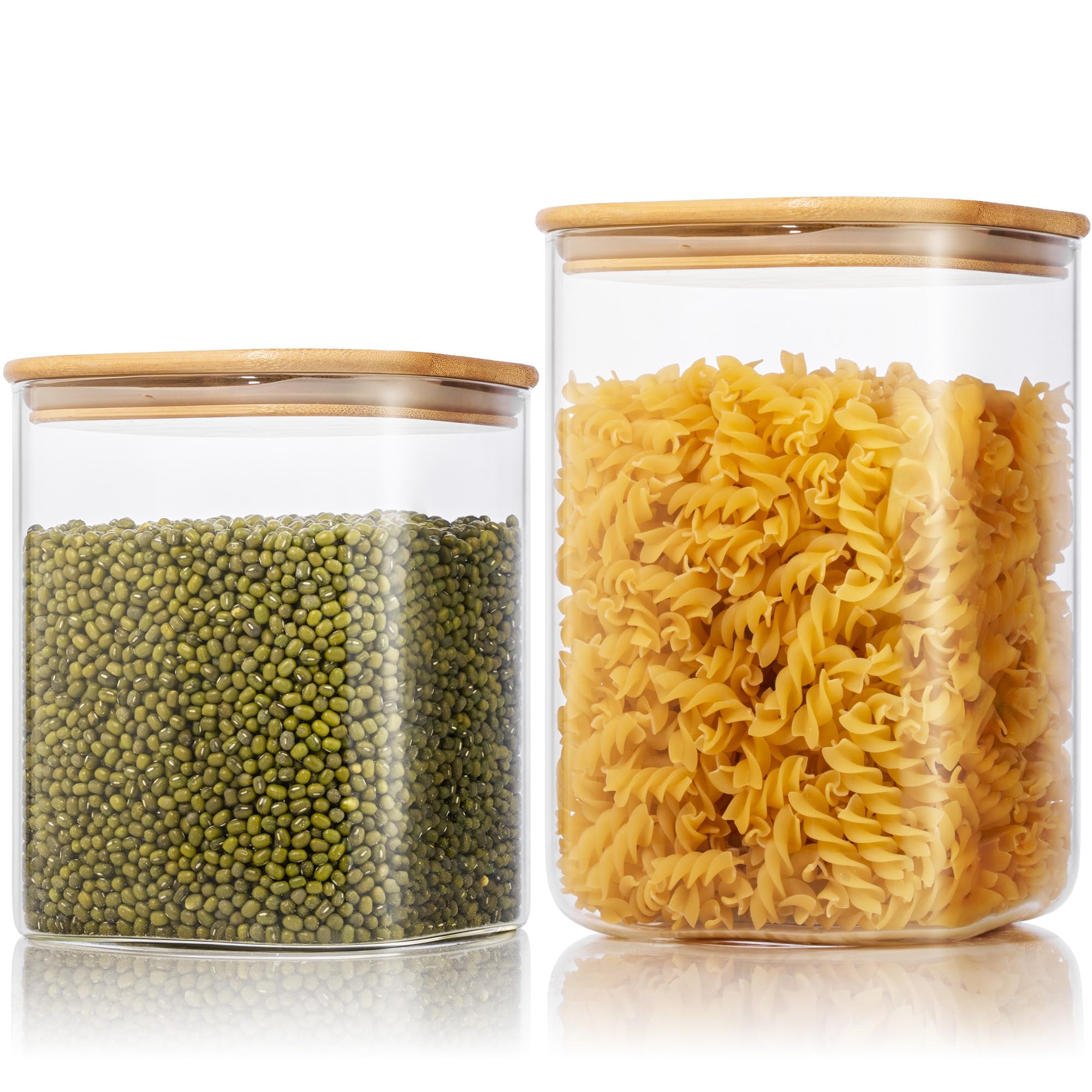 Extra Large Square Glass Flour & Sugar Storage Containers with Airtight Lids, 132oz & 63oz - 2 Pack Glass Jars with Bamboo Lids, Air tight Pantry Food Storage Containers for Cereal, Pasta, Rice