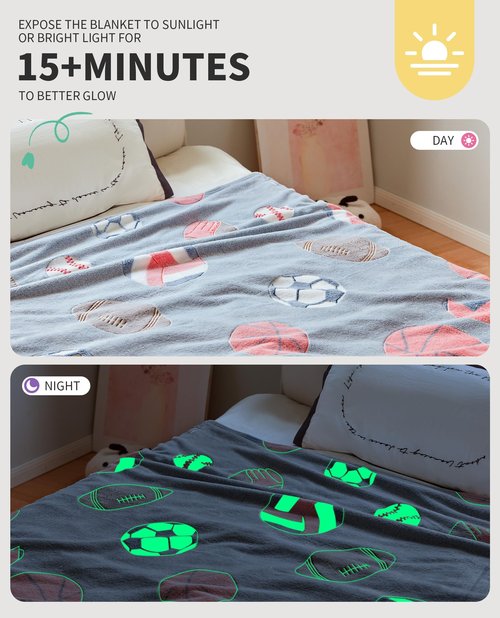 OLAOLA Soccer Glow in The Dark Blanket for Kids Boys Girls Toddler, Soft Warm Cozy Sports Theme Basketball Throw Blanket, 60"x80", Polyester, Machine Washable
