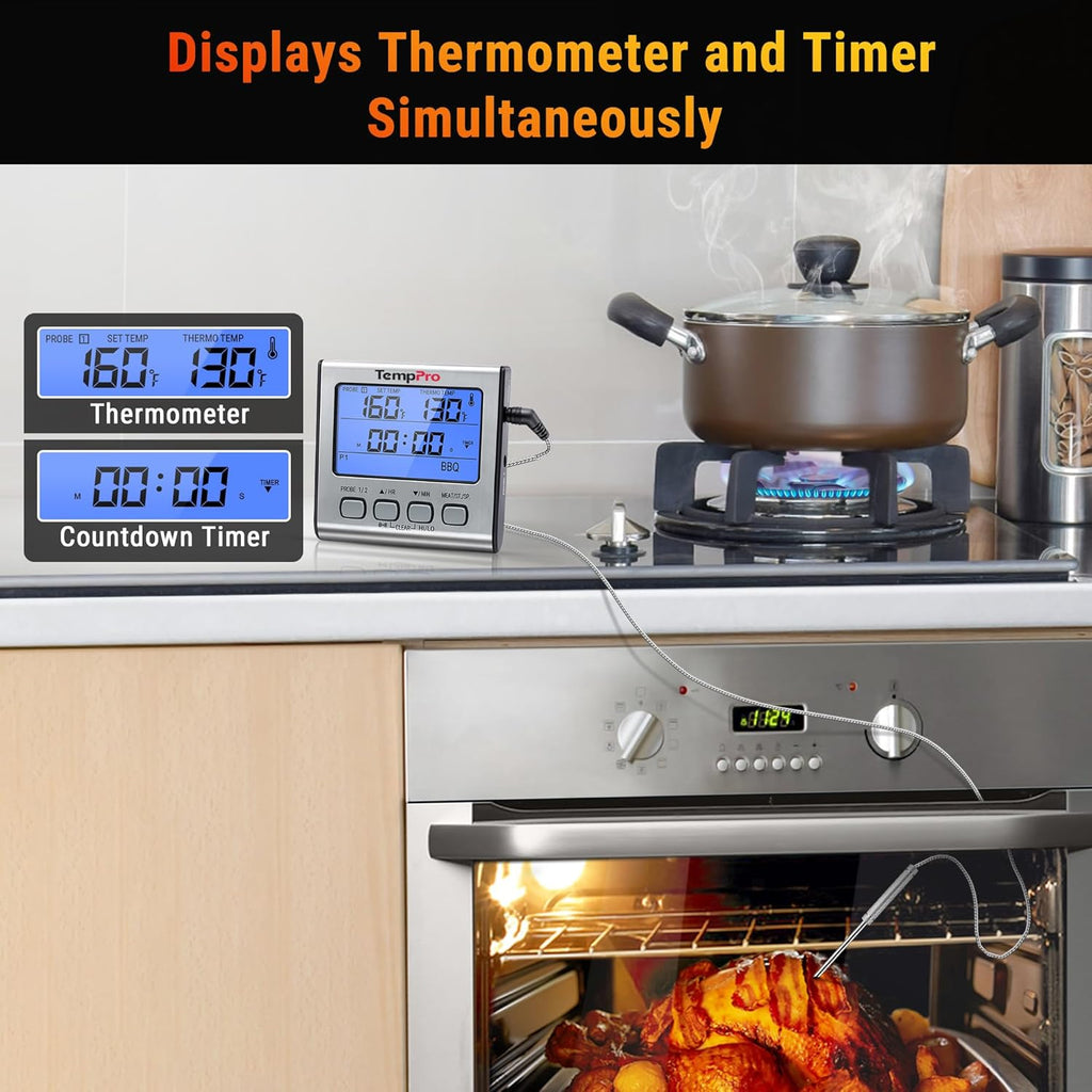 TempPro TP17 Dual Probe Digital Meat Thermometer - Large LCD Backlight & Timer for BBQ, Smoker, Oven - Silver