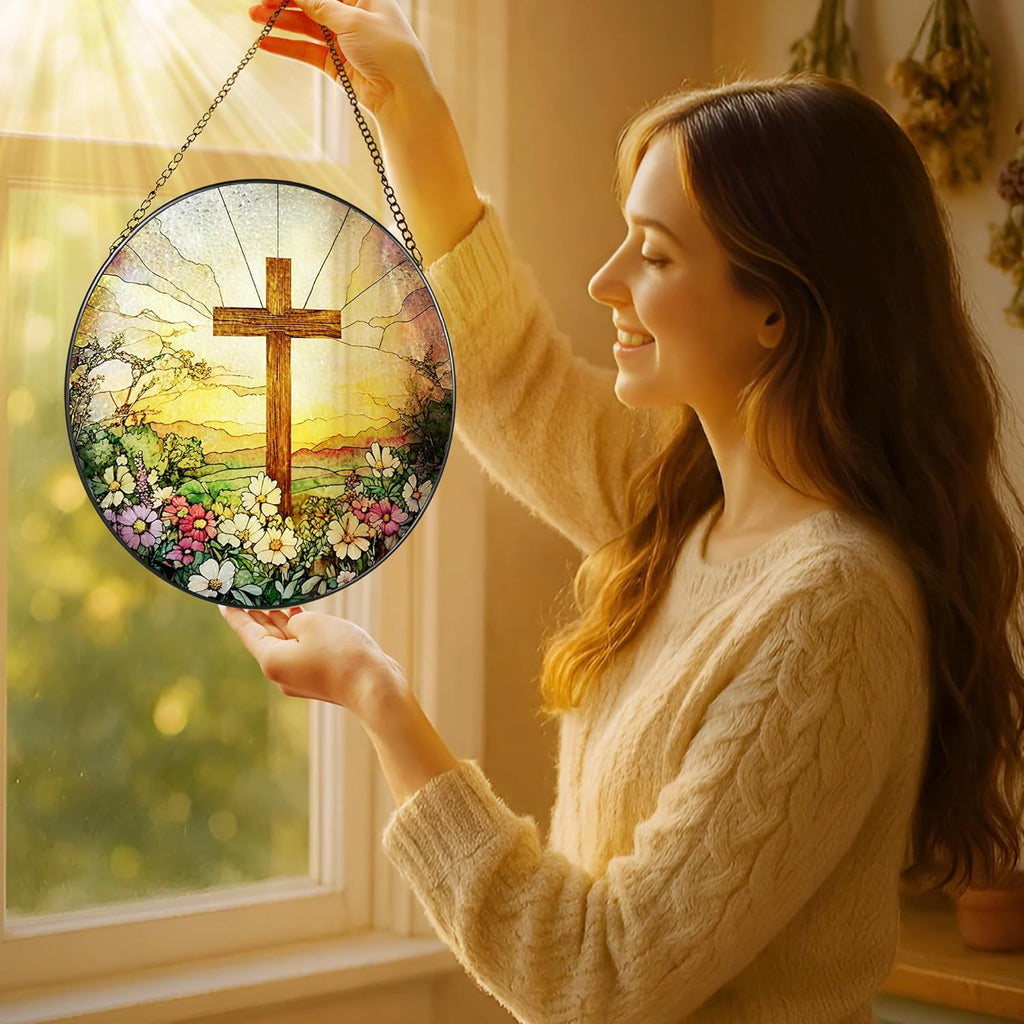 Skiennix 8-Inch Stained Glass Cross Suncatcher - Beautiful Wildflower Design for Home Decor