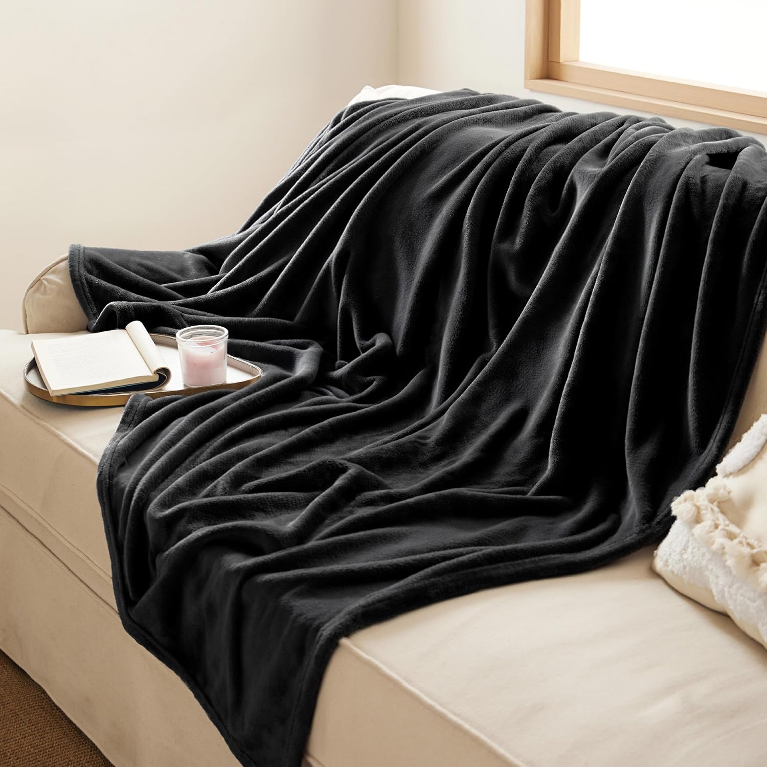 Bedsure GentleSoft Fleece Throw Blanket - XL 300GSM Plush & Cozy Black Blanket for Bed, Sofa, Travel | 50x70 Inches