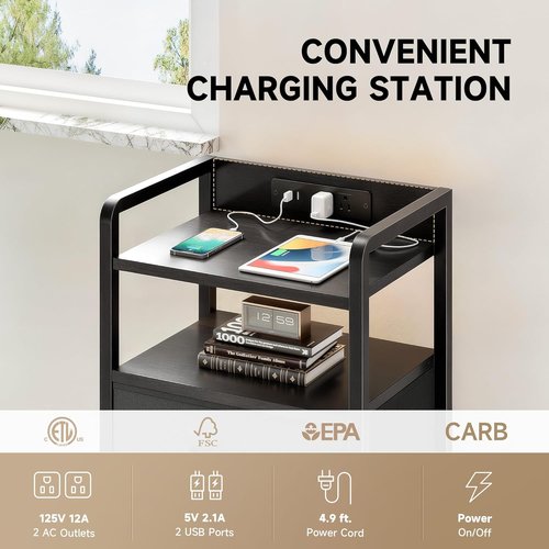 Lazzanto Night Stand | Modern Bedside Charger with LED Light Strip & Storage Drawers - USB Ports & AC Outlets