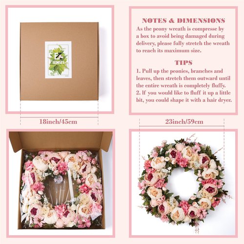Peony Wreath 23'' Spring Wreaths for Front Door, Artificial Large Floral Wreath for Front Door Wall Decor, Valentine’s Day Home Wedding Housewarming Gift EZsenses (Light Pink)