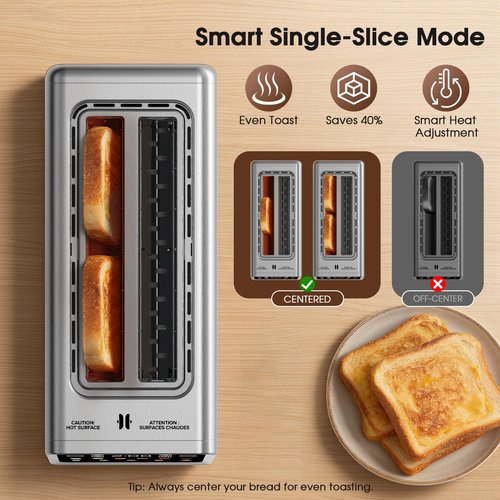 Toaster 4 Slice Long Slot with Digital Touchscreen & 1-Touch Memory for Family | Stainless Steel for Bagels & Artisan Bread | Defrost Reheat & Single-Slice Modes